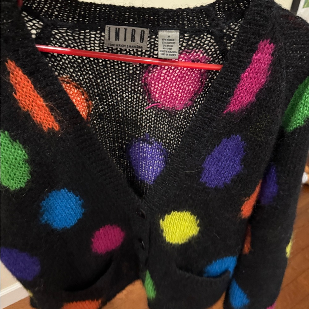 Women’s Vintage 1980’s Black Mohair Multicolored Polka Dot Cardigan, size M